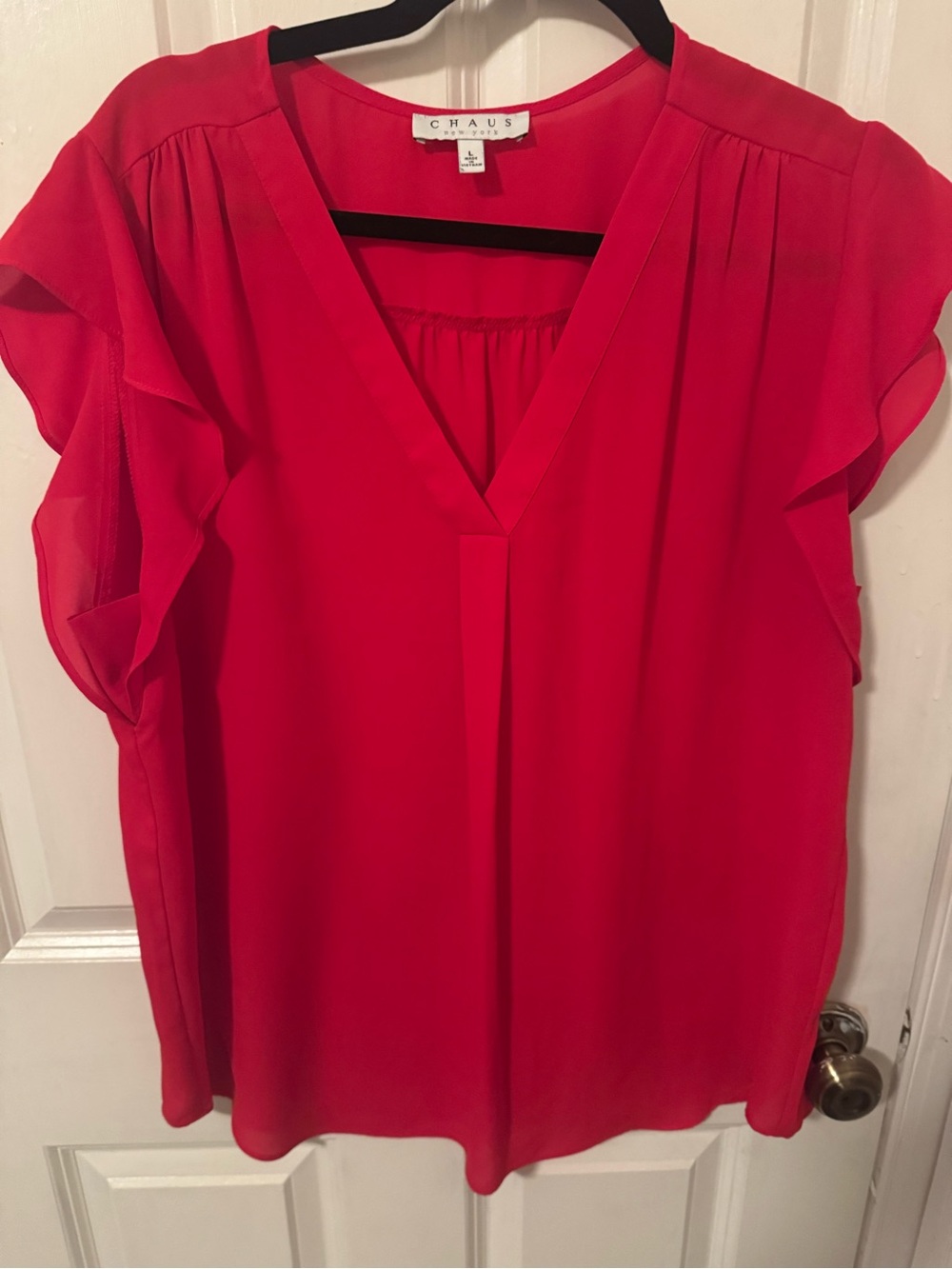 Chaus Bright Red V-Neck Flutter Sleeve Blouse